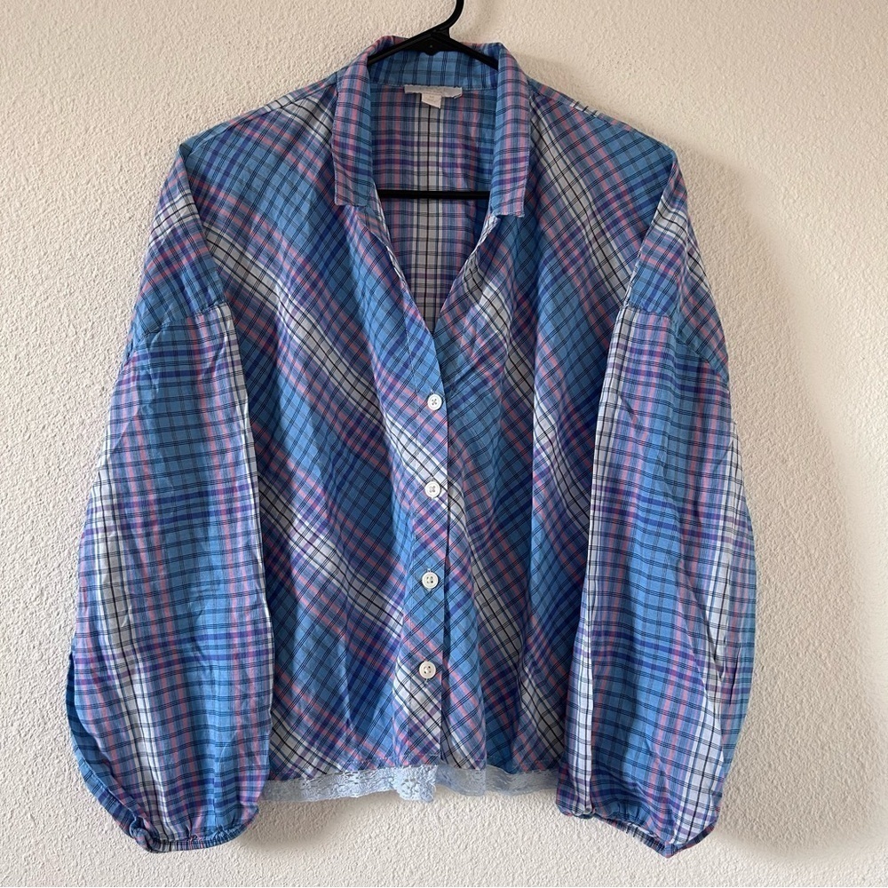 LOVE By GAP Women’s Plaid Button Up Medium Cropped Puff Sleeves Blue White Pink